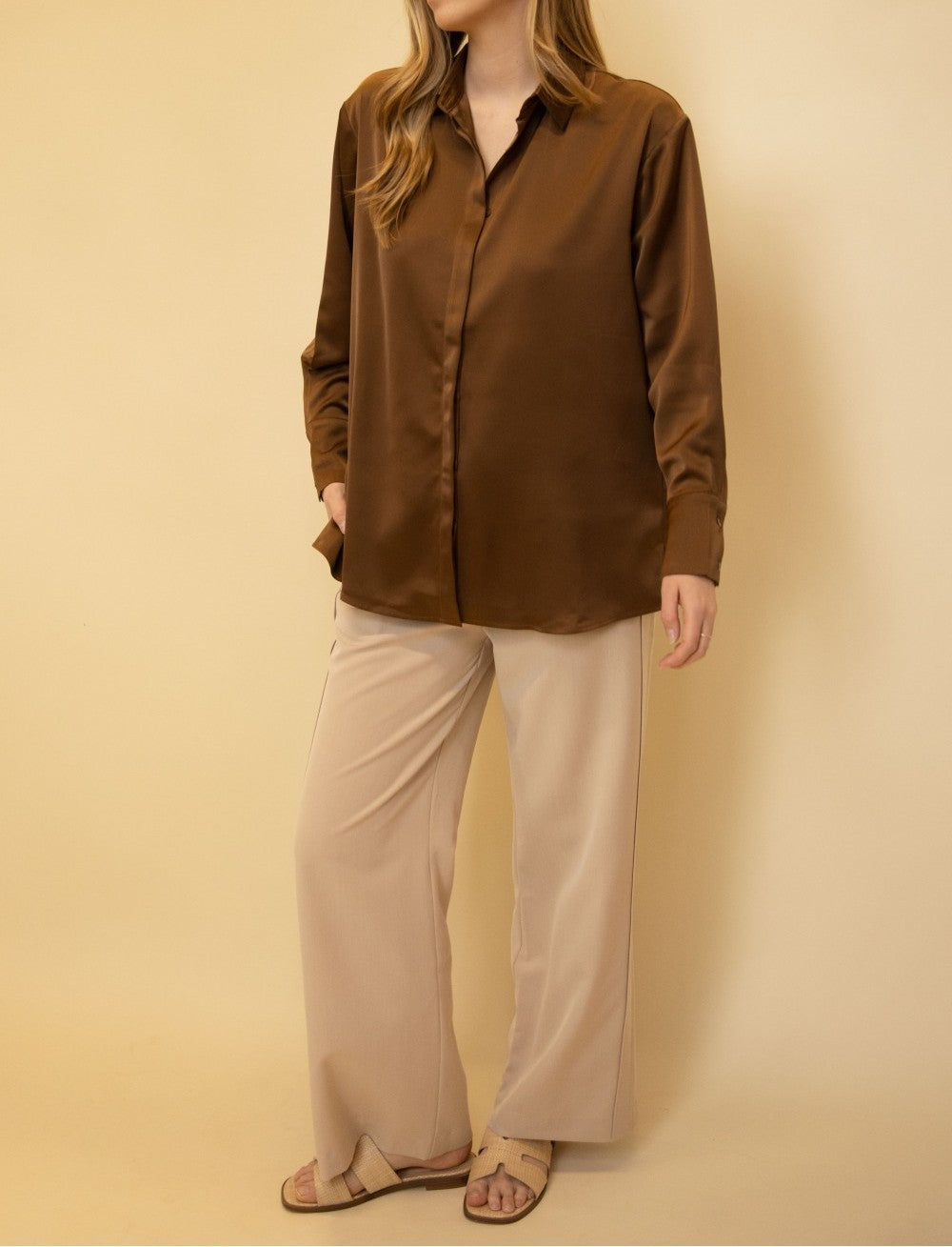 DARK COCOA SATIN PLACKET COVER BUTTON UP LONG SLEEVE TOP