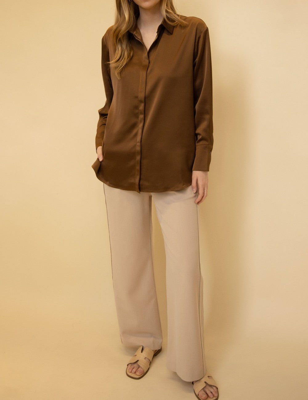 DARK COCOA SATIN PLACKET COVER BUTTON UP LONG SLEEVE TOP