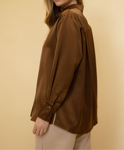 DARK COCOA SATIN PLACKET COVER BUTTON UP LONG SLEEVE TOP