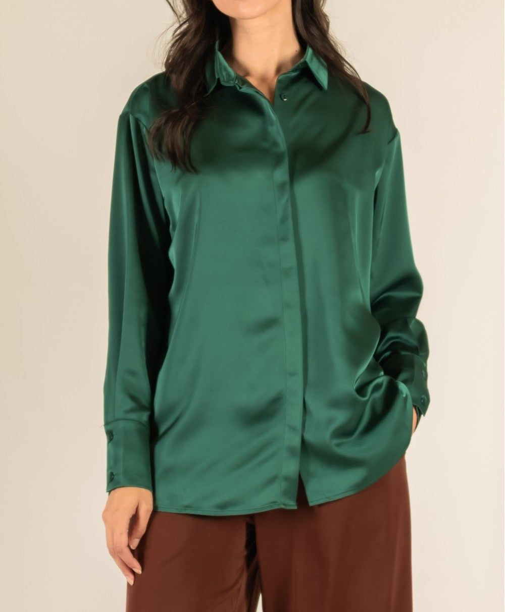 EMERALD SATIN PLACKET COVER BUTTON UP LONG SLEEVE TOP