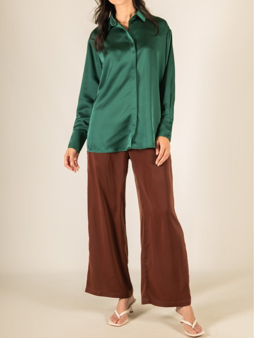 EMERALD SATIN PLACKET COVER BUTTON UP LONG SLEEVE TOP