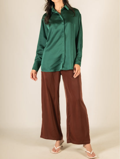 EMERALD SATIN PLACKET COVER BUTTON UP LONG SLEEVE TOP