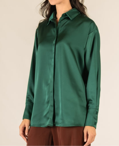 EMERALD SATIN PLACKET COVER BUTTON UP LONG SLEEVE TOP