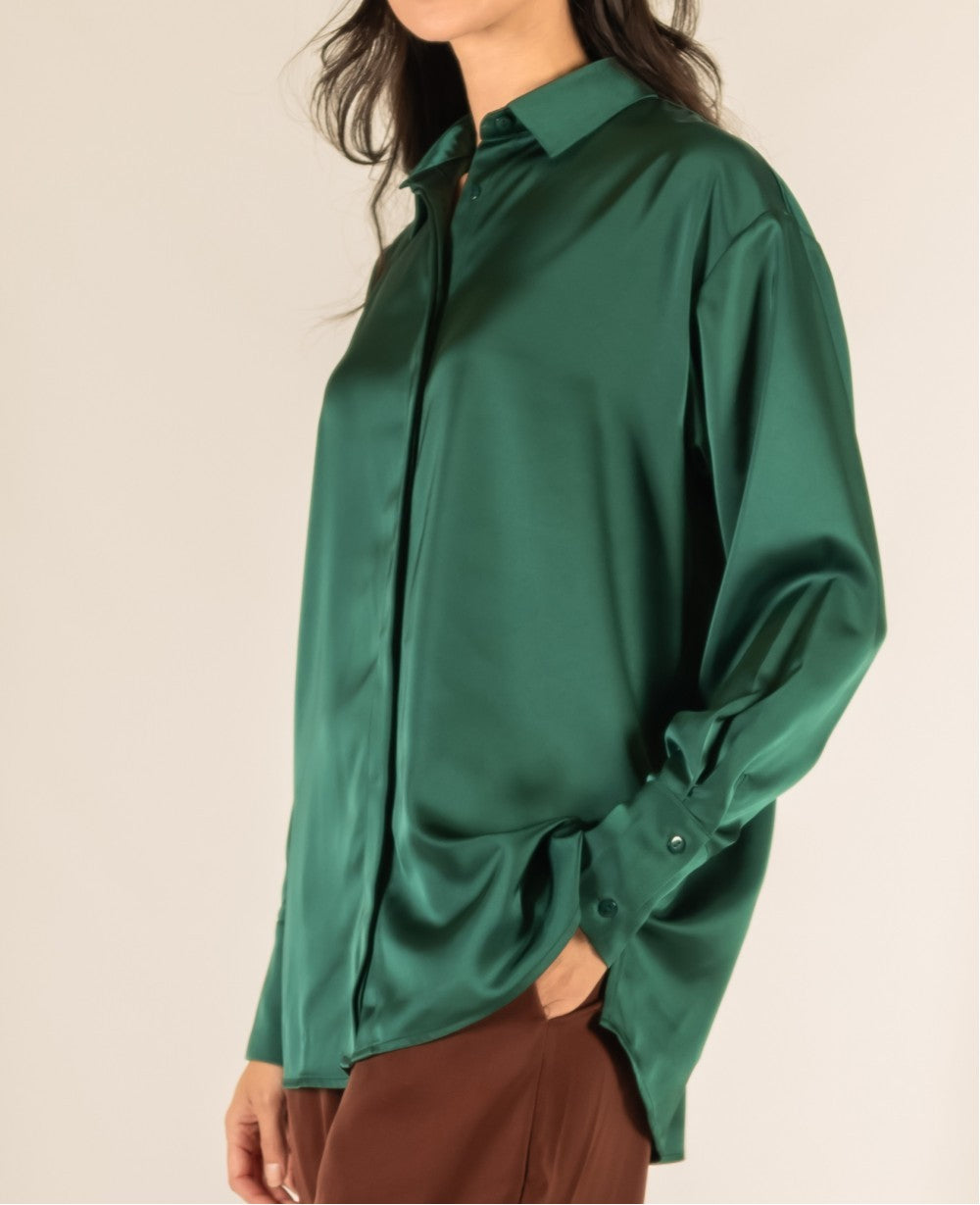 EMERALD SATIN PLACKET COVER BUTTON UP LONG SLEEVE TOP
