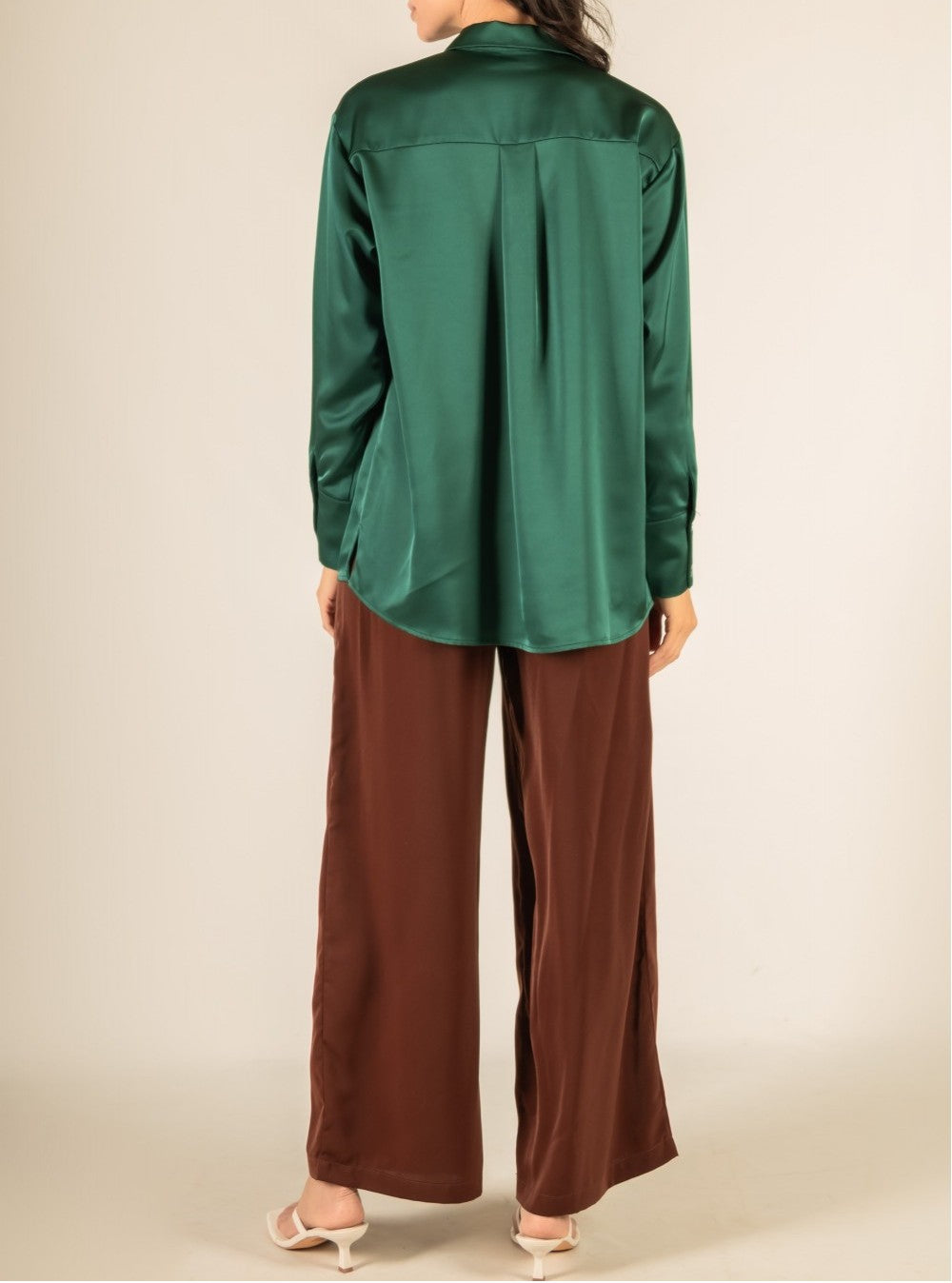 EMERALD SATIN PLACKET COVER BUTTON UP LONG SLEEVE TOP