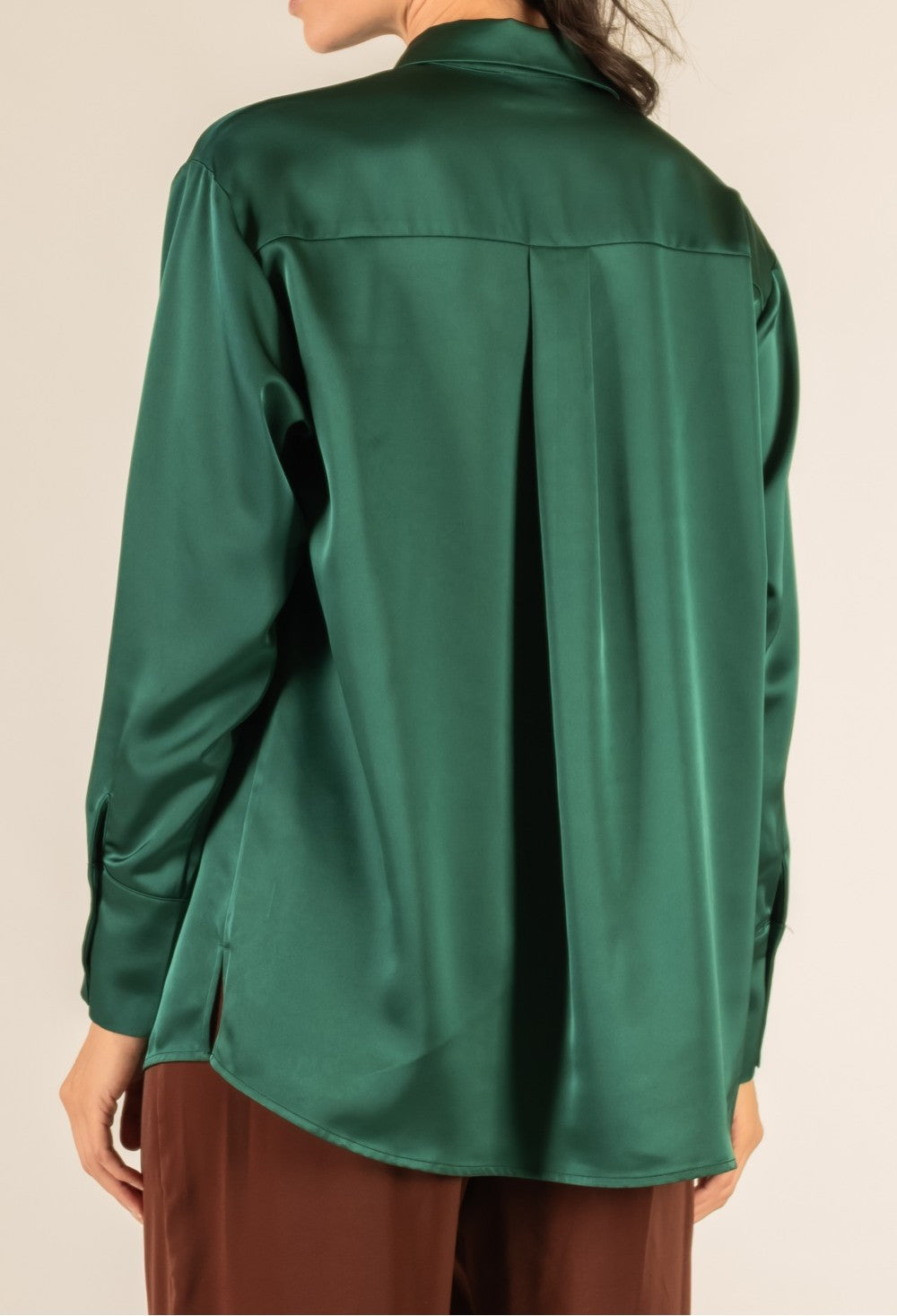 EMERALD SATIN PLACKET COVER BUTTON UP LONG SLEEVE TOP