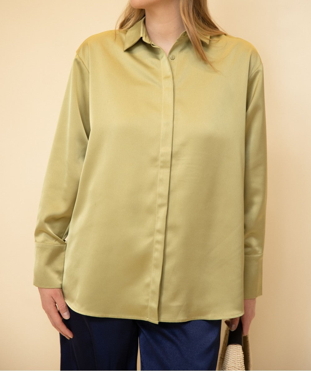 LIGHT MOSS SATIN PLACKET COVER BUTTON UP LONG SLEEVE TOP