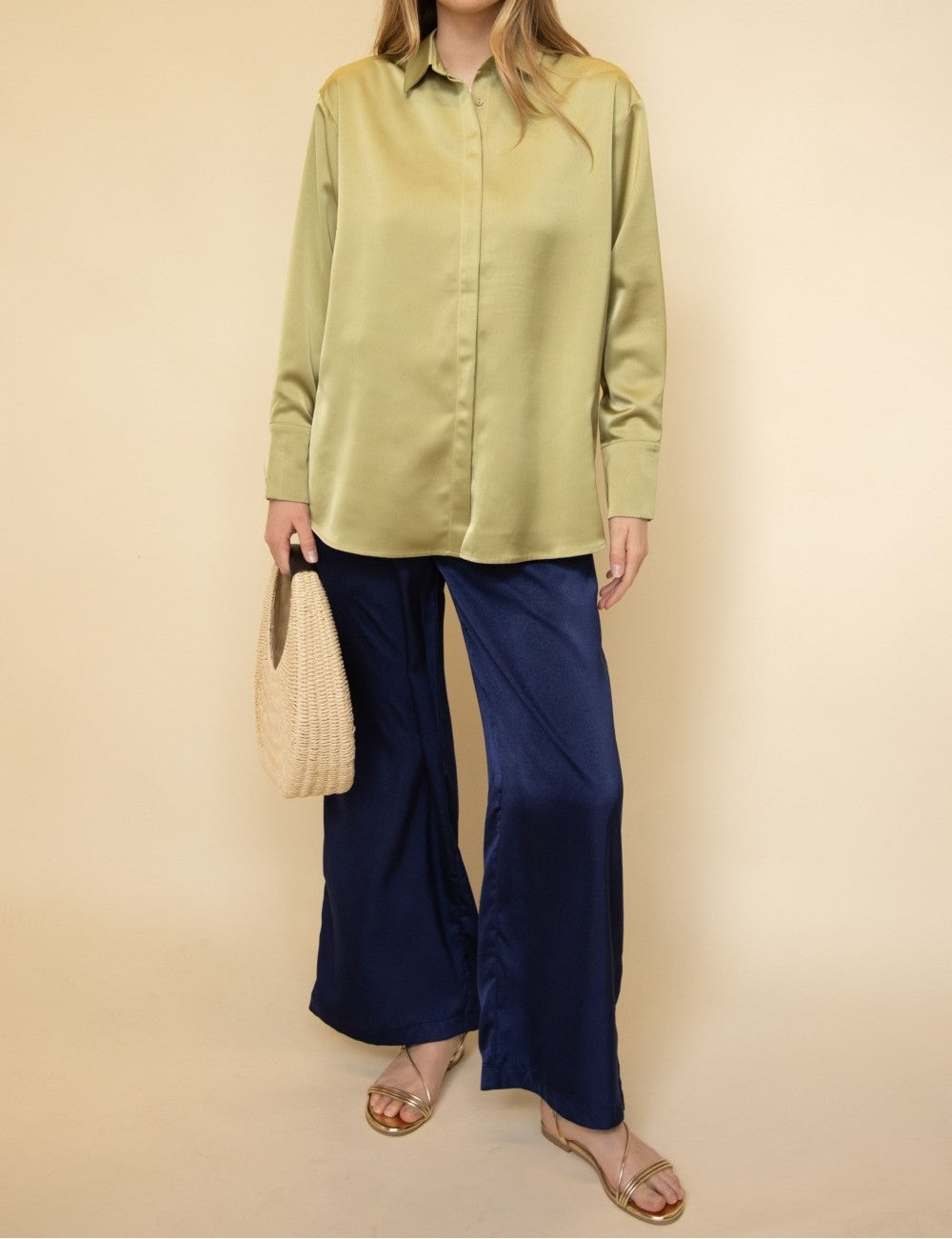 LIGHT MOSS SATIN PLACKET COVER BUTTON UP LONG SLEEVE TOP