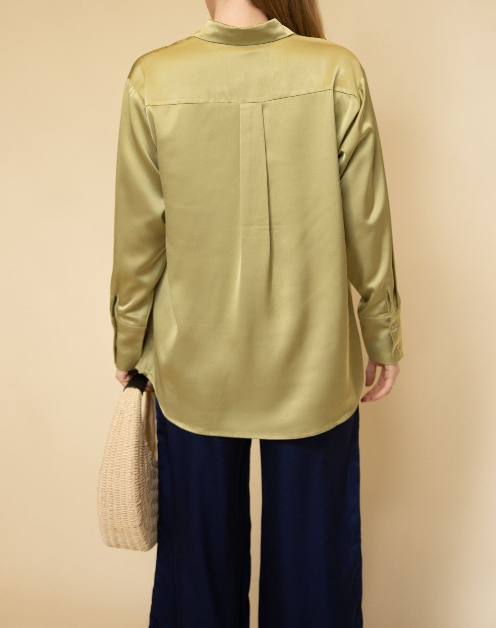 LIGHT MOSS SATIN PLACKET COVER BUTTON UP LONG SLEEVE TOP