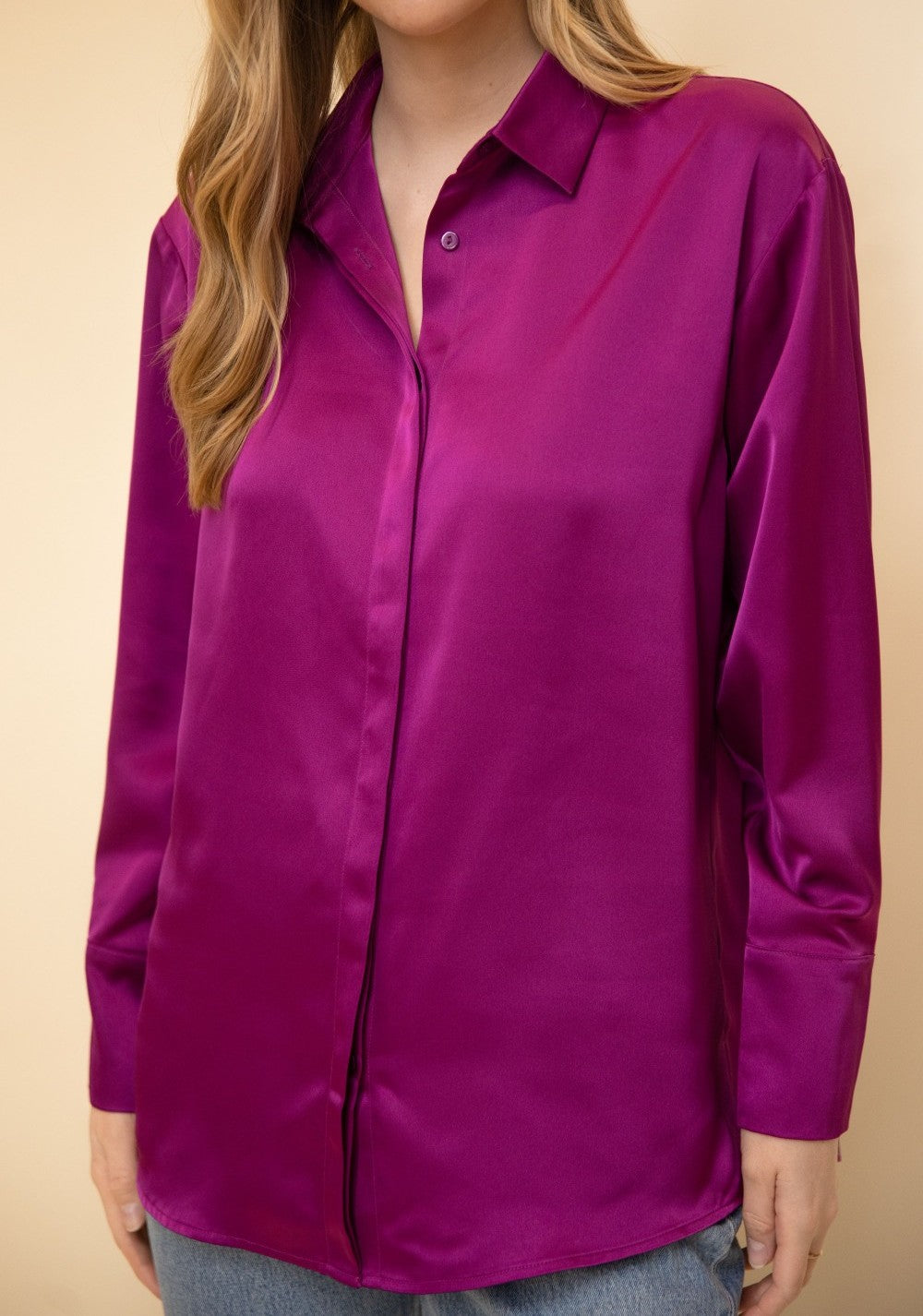 ORCHID SATIN PLACKET COVER BUTTON UP LONG SLEEVE TOP