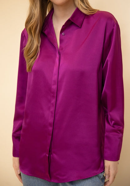 ORCHID SATIN PLACKET COVER BUTTON UP LONG SLEEVE TOP