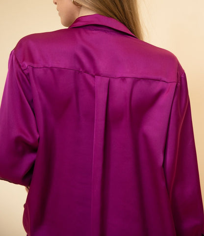 ORCHID SATIN PLACKET COVER BUTTON UP LONG SLEEVE TOP