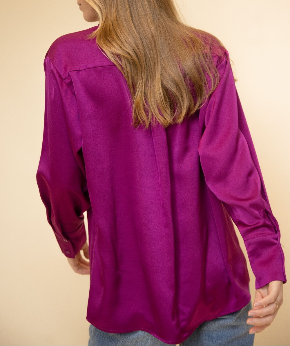 ORCHID SATIN PLACKET COVER BUTTON UP LONG SLEEVE TOP