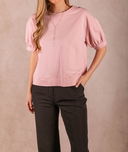 BABY PINK ROUND NECK SHORT PUFF SLEEVE TOP