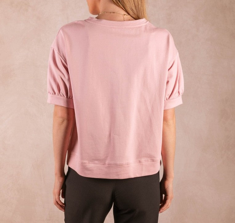 BABY PINK ROUND NECK SHORT PUFF SLEEVE TOP
