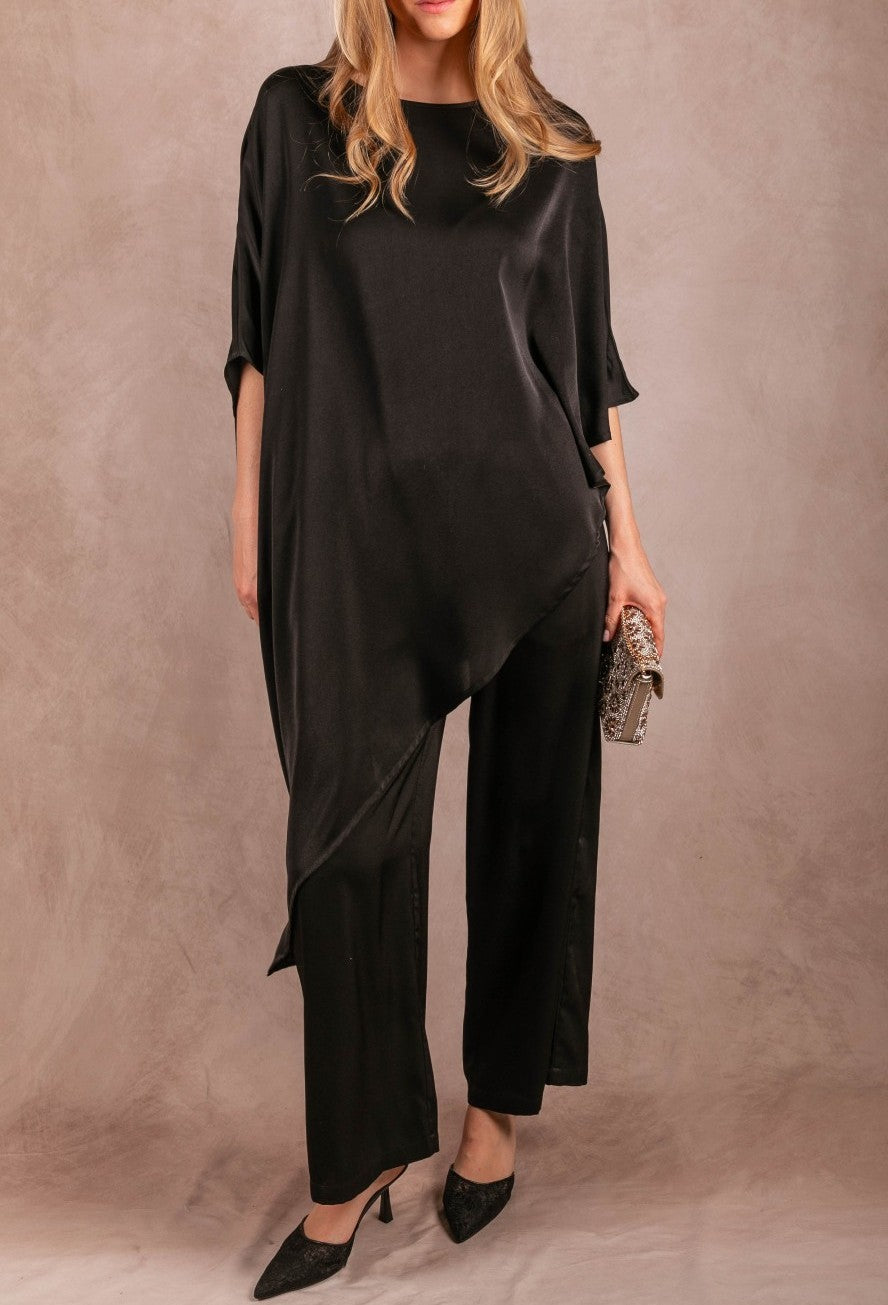 BLACK SATIN ASYMMERTRICAL TUNIC TOP
