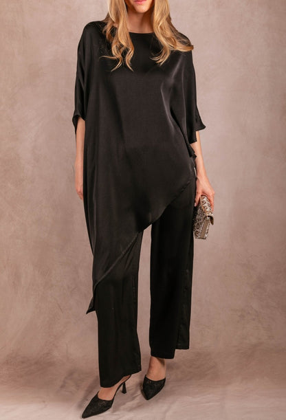 BLACK SATIN ASYMMERTRICAL TUNIC TOP