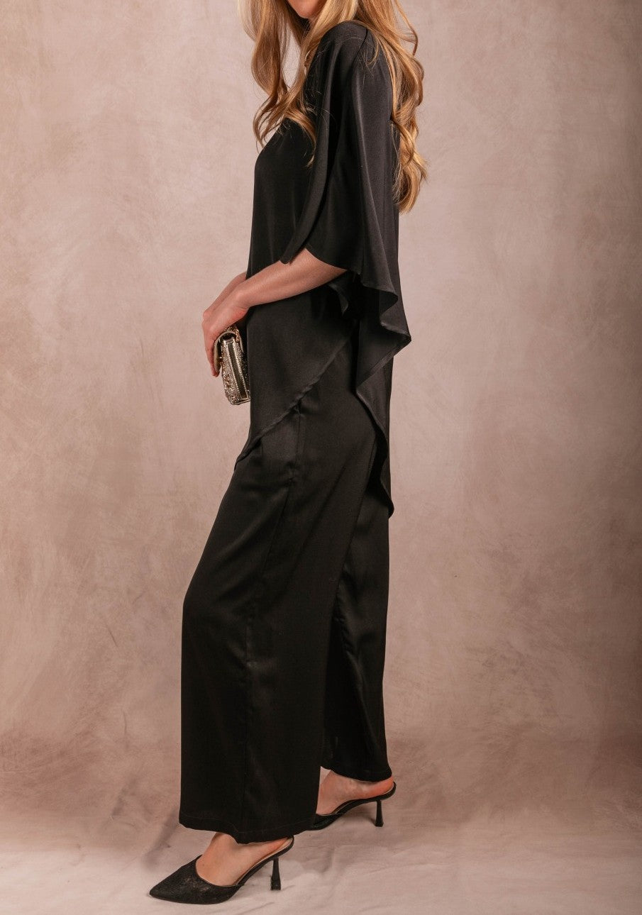 BLACK SATIN ASYMMERTRICAL TUNIC TOP