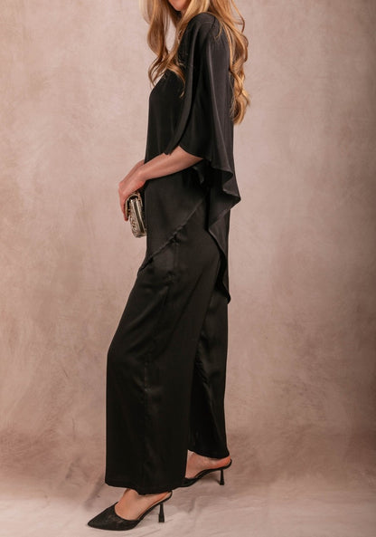 BLACK SATIN ASYMMERTRICAL TUNIC TOP