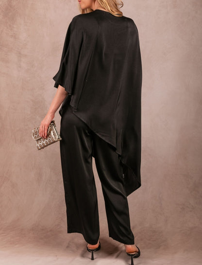 BLACK SATIN ASYMMERTRICAL TUNIC TOP