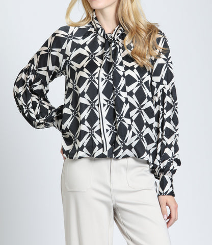 MIDNIGHT &amp; IVORY GEOMETRIC PRINT NECKTIE LONG SLEEVE BUTTON UP TOP