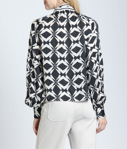 MIDNIGHT &amp; IVORY GEOMETRIC PRINT NECKTIE LONG SLEEVE BUTTON UP TOP