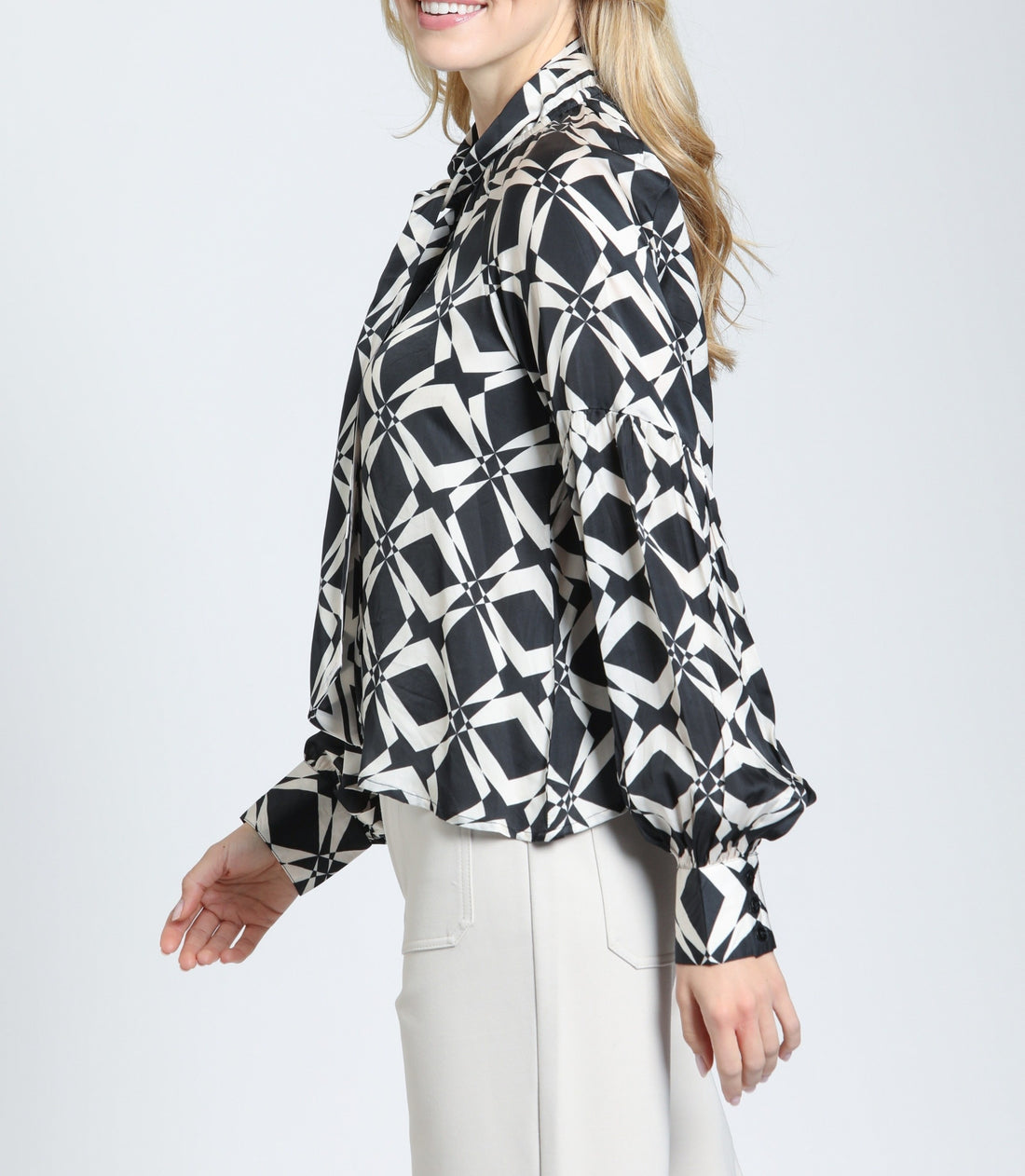 MIDNIGHT &amp; IVORY GEOMETRIC PRINT NECKTIE LONG SLEEVE BUTTON UP TOP