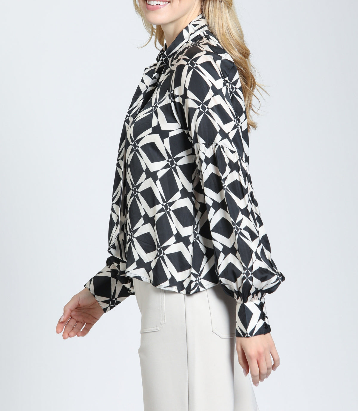 MIDNIGHT &amp; IVORY GEOMETRIC PRINT NECKTIE LONG SLEEVE BUTTON UP TOP