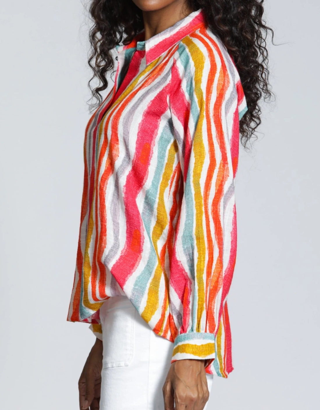 HIBISCUS MULTI PRINT HALF PLACKET LONG SLEEVE PULLOVER TOP