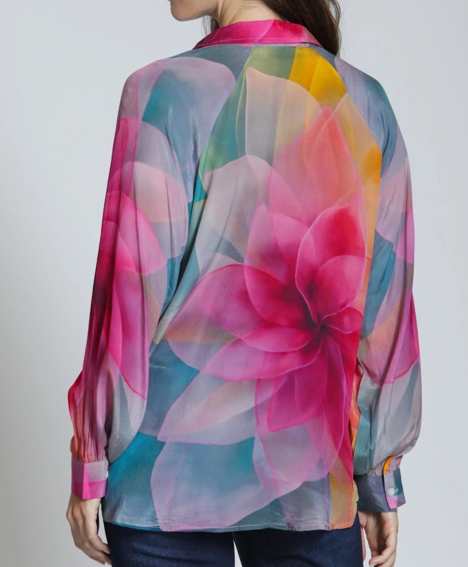 BRIGHT PINK MULTI FLORAL BLOOM PRINT HALF PLACKET LONG SLEEVE PULLOVER TOP