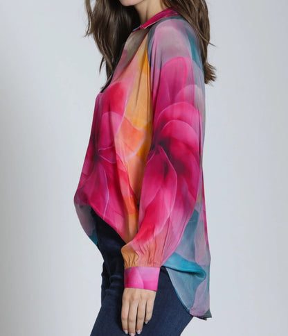 BRIGHT PINK MULTI FLORAL BLOOM PRINT HALF PLACKET LONG SLEEVE PULLOVER TOP