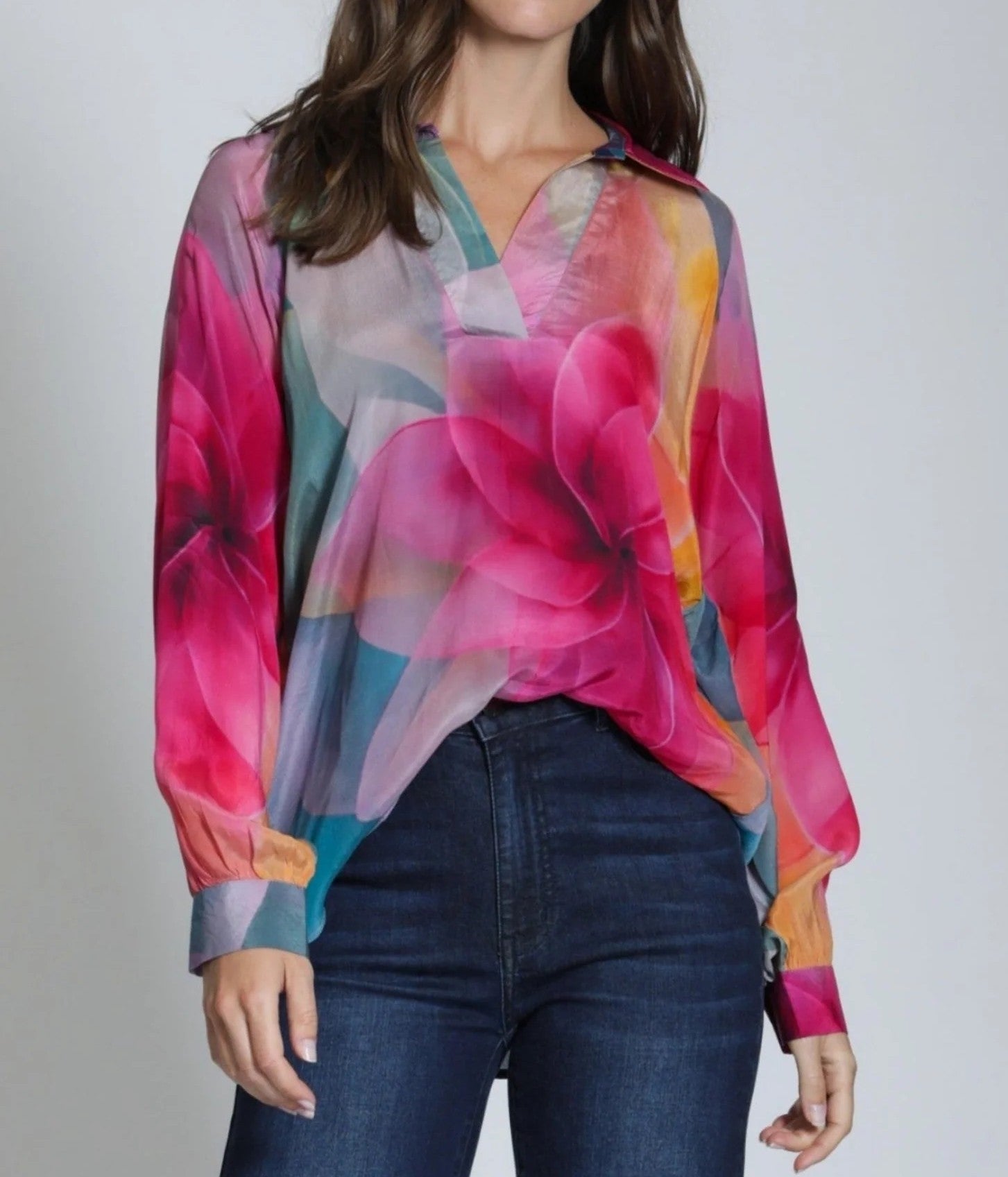 BRIGHT PINK MULTI FLORAL BLOOM PRINT HALF PLACKET LONG SLEEVE PULLOVER TOP