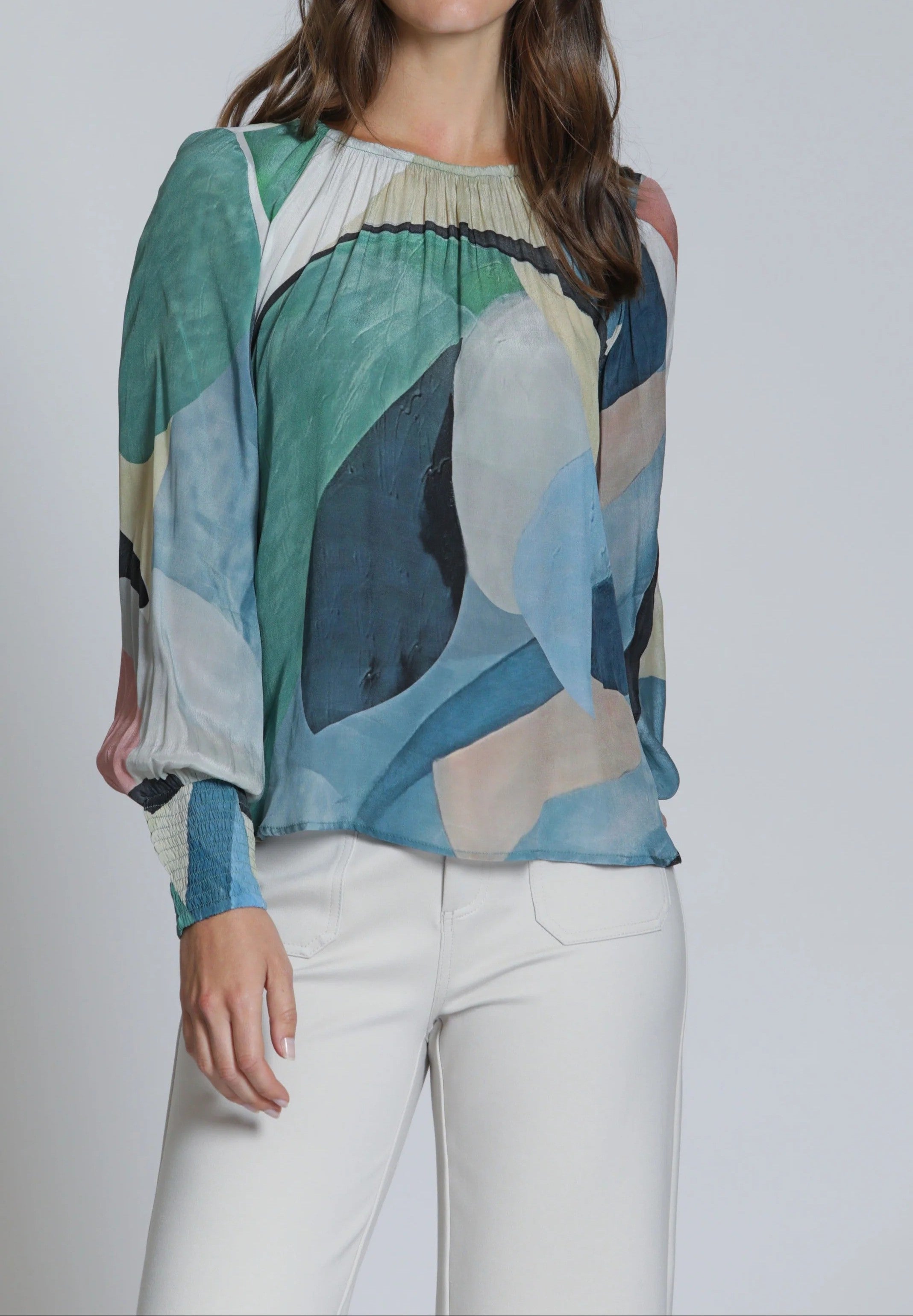 NAVY MULTI LIQUID ABSTRACT ELASTIC ROUND NECK LONG SMOCKED CUFF SLEEVE PULLOVER TOP
