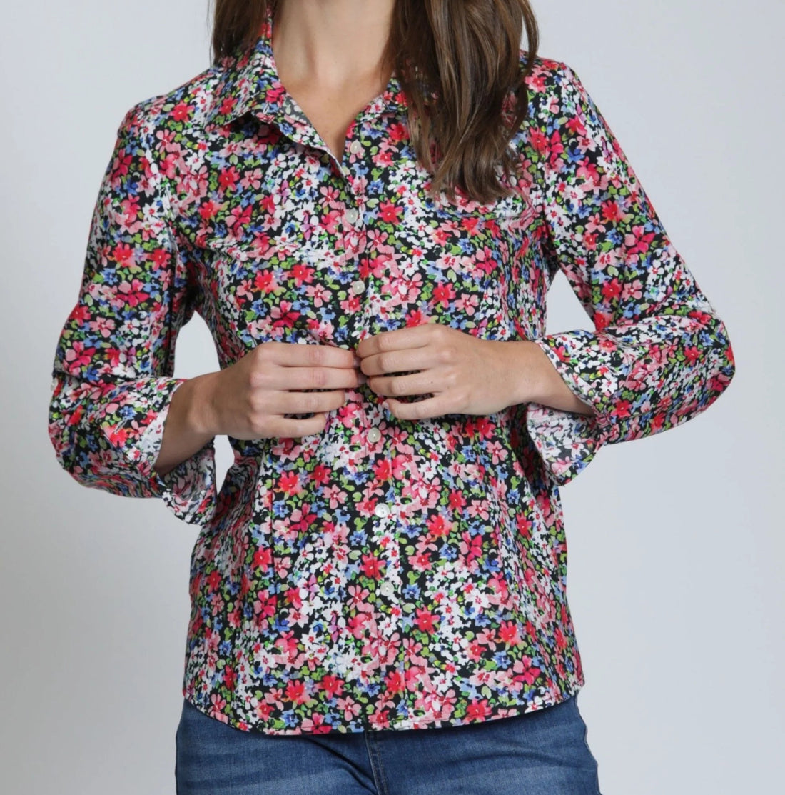 RED/BLUE MULTI TWLIGHT BLOOM PRINT CLASSIC BUTTON-UP LONG SLEEVE SHIRT
