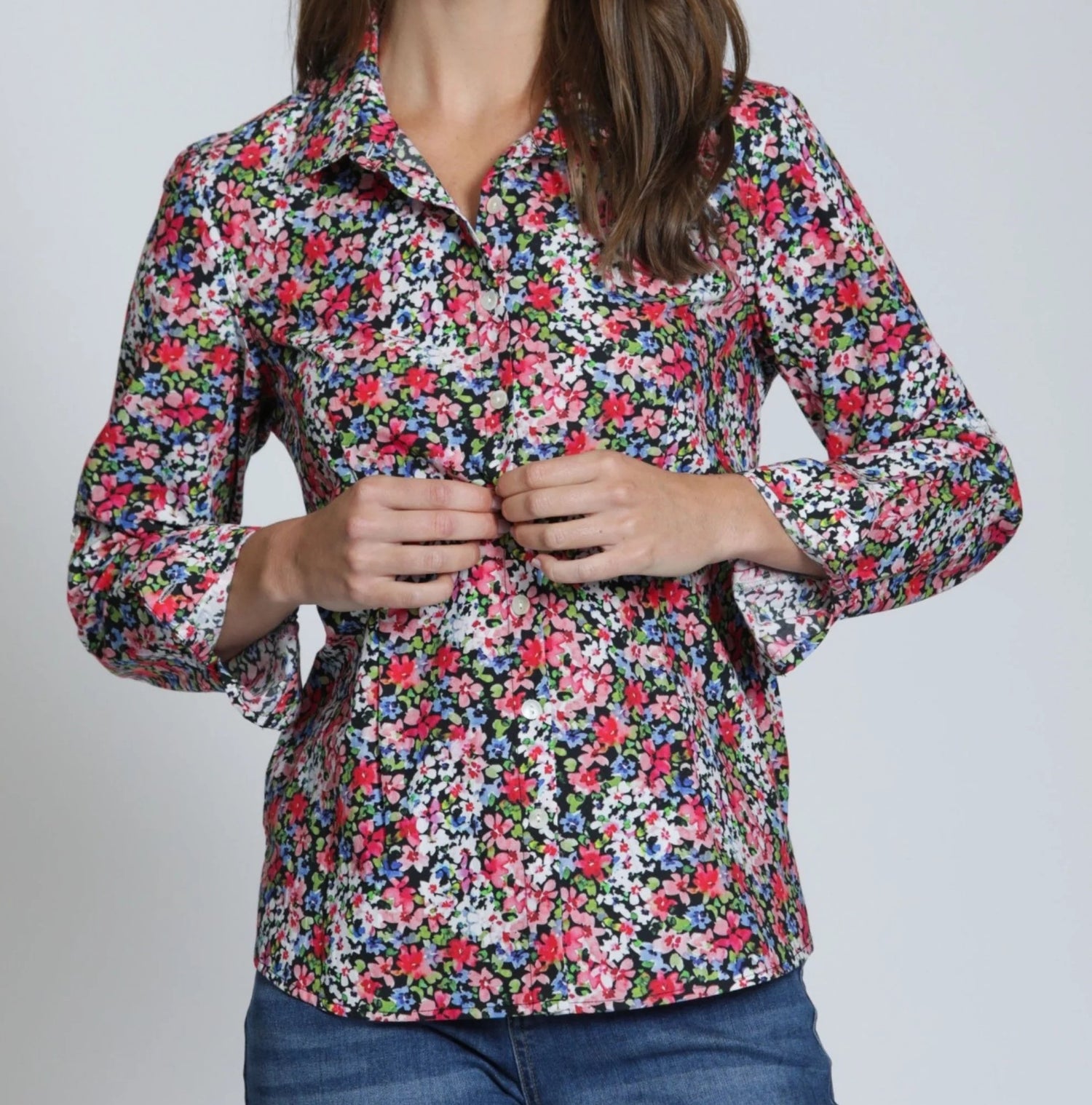 RED/BLUE MULTI TWLIGHT BLOOM PRINT CLASSIC BUTTON-UP LONG SLEEVE SHIRT