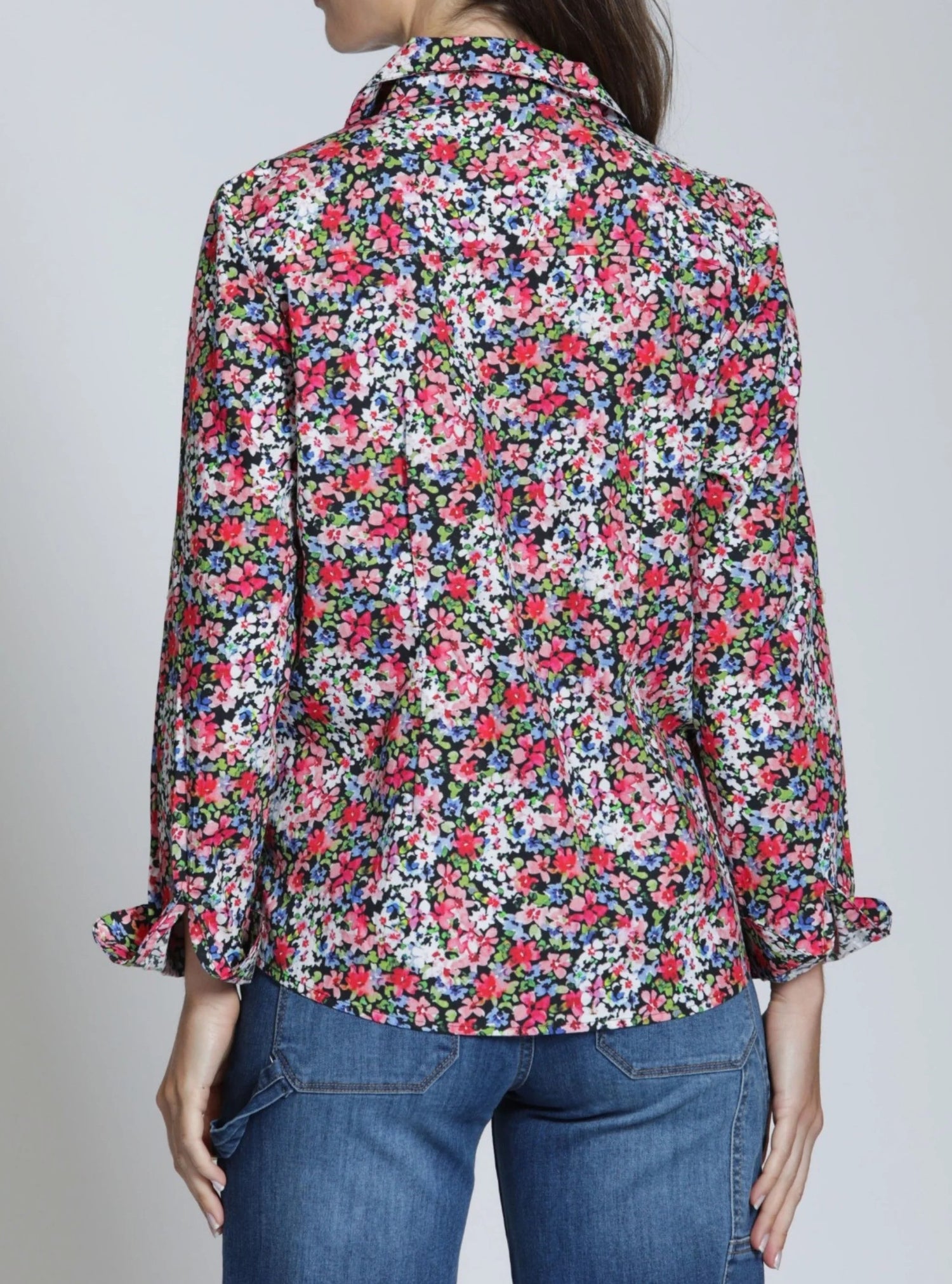 RED/BLUE MULTI TWLIGHT BLOOM PRINT CLASSIC BUTTON-UP LONG SLEEVE SHIRT