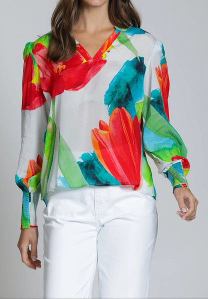 RED MULTI BIG BLOOM ENERGY PRINT SPLIT NECK LONG SMOCKED CUFF SLEEVE TOP