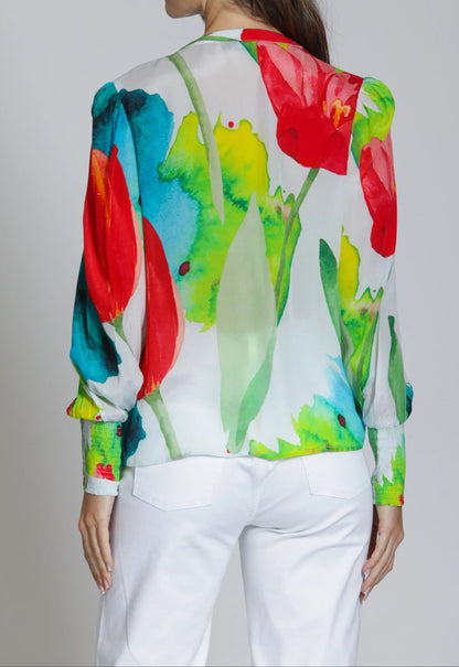 RED MULTI BIG BLOOM ENERGY PRINT SPLIT NECK LONG SMOCKED CUFF SLEEVE TOP