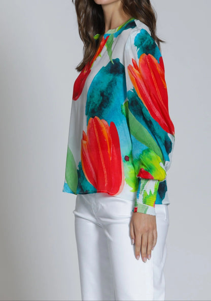 RED MULTI BIG BLOOM ENERGY PRINT SPLIT NECK LONG SMOCKED CUFF SLEEVE TOP