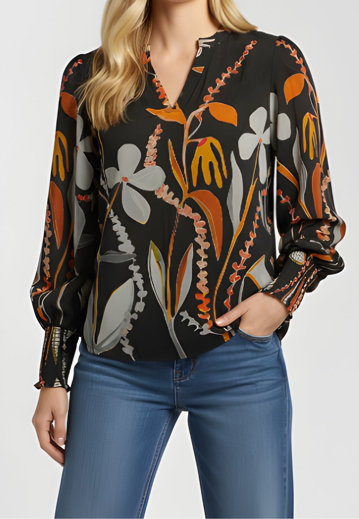 ESPRESSO MULTI FLORAL PRINT SPLIT NECK LONG SMOCKED CUFF SLEEVE TOP