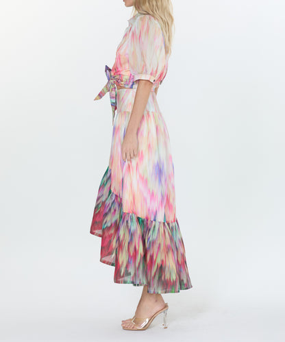 CREAM MULTI WATERCOLOR PRINT HIGH-LOW MAXI AVA SKIRT