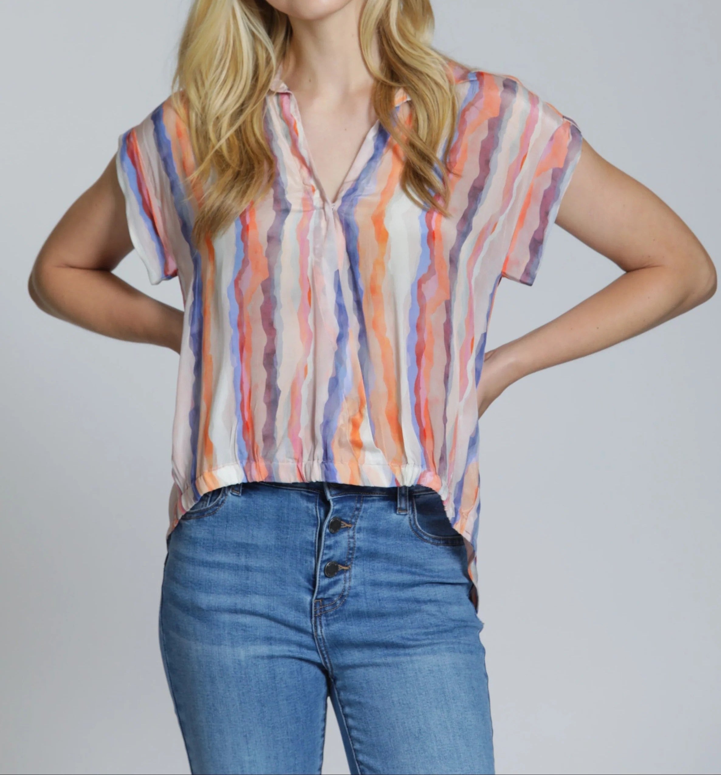 BLUSH MULTI TWILIGHT RIVER STRIPE PRINT TABBED CUFF WRAP TOP