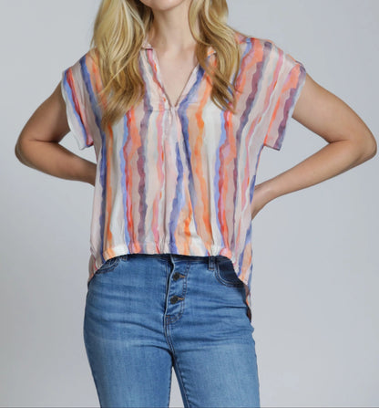 BLUSH MULTI TWILIGHT RIVER STRIPE PRINT TABBED CUFF WRAP TOP