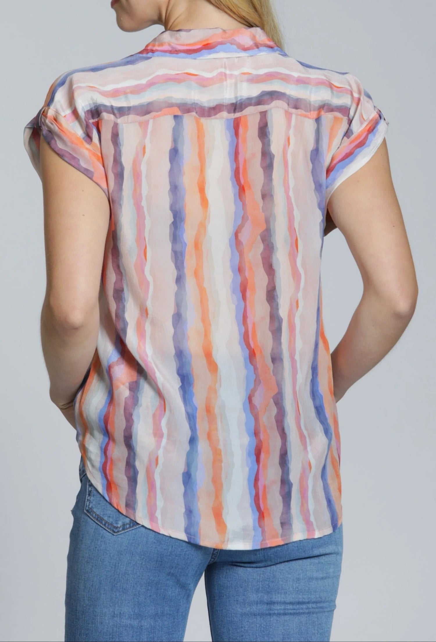 BLUSH MULTI TWILIGHT RIVER STRIPE PRINT TABBED CUFF WRAP TOP