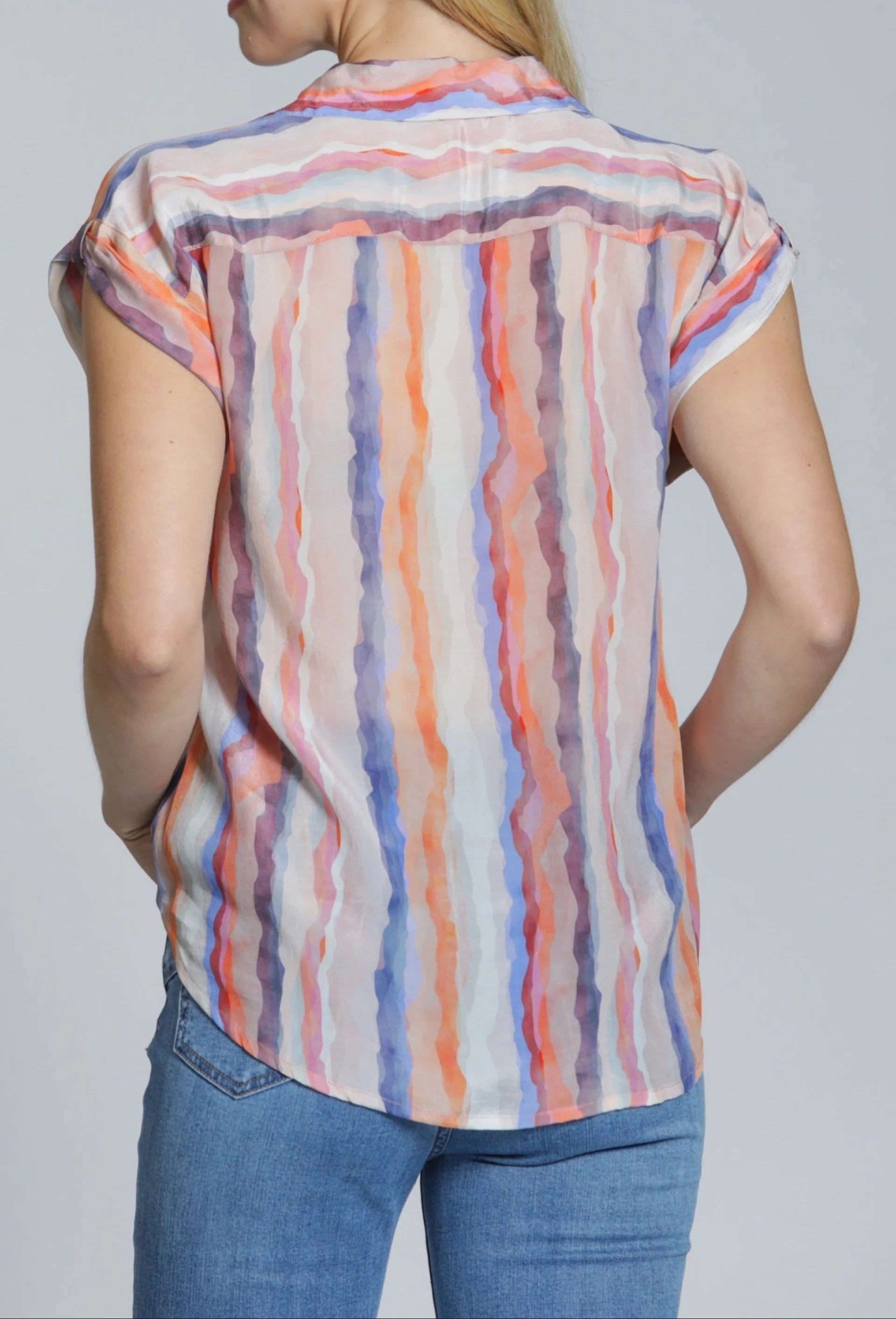 BLUSH MULTI TWILIGHT RIVER STRIPE PRINT TABBED CUFF WRAP TOP