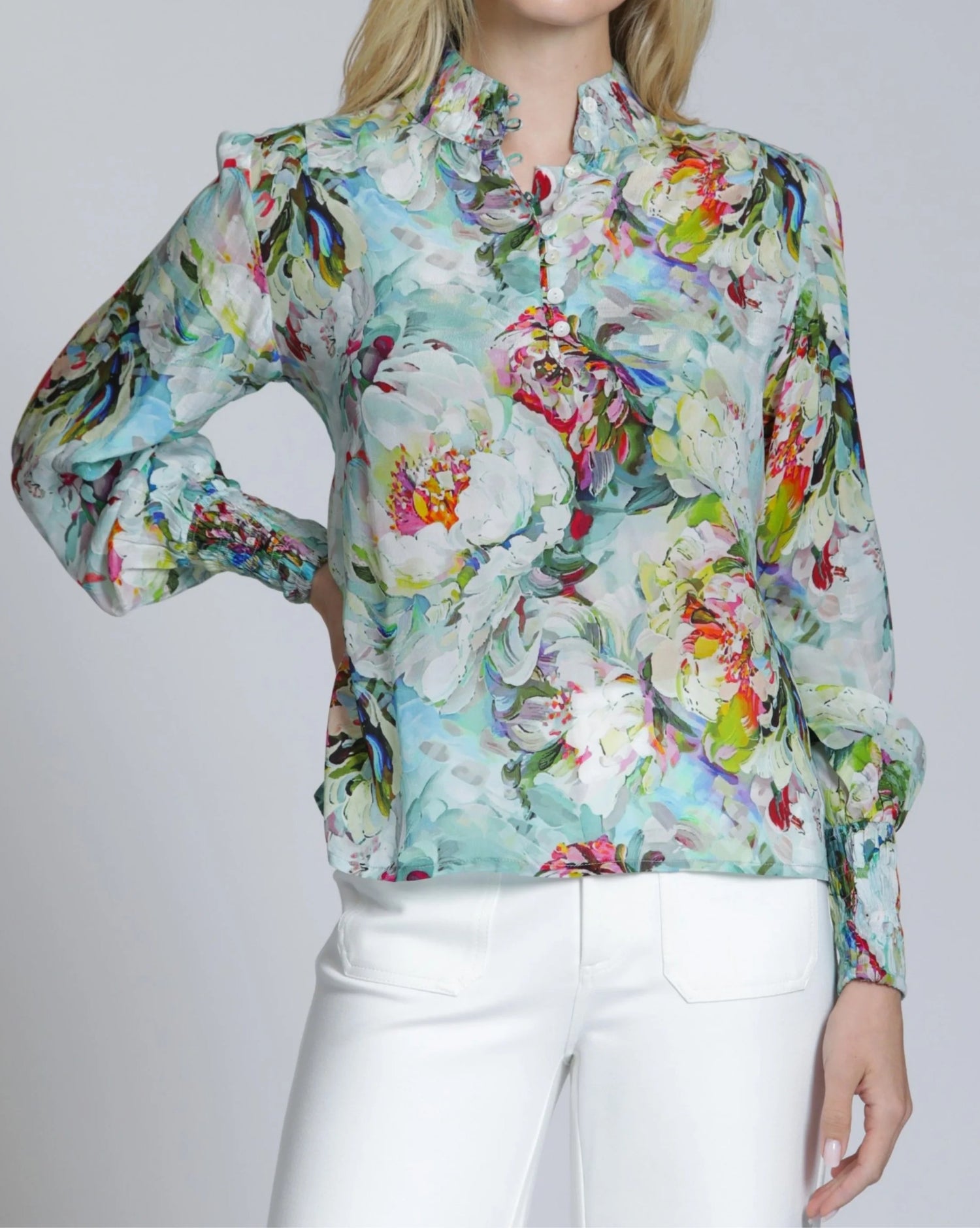 AQUA MULTI BRUSHSTROKE GARDEN PRINT LONG PUFF SLEEVE TOP