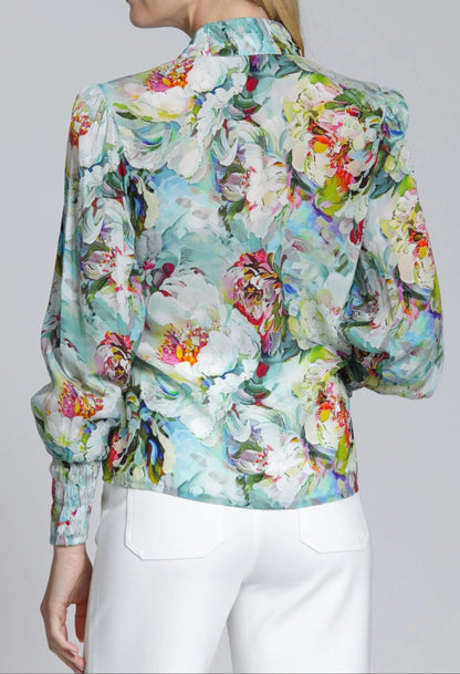 AQUA MULTI BRUSHSTROKE GARDEN PRINT LONG PUFF SLEEVE TOP