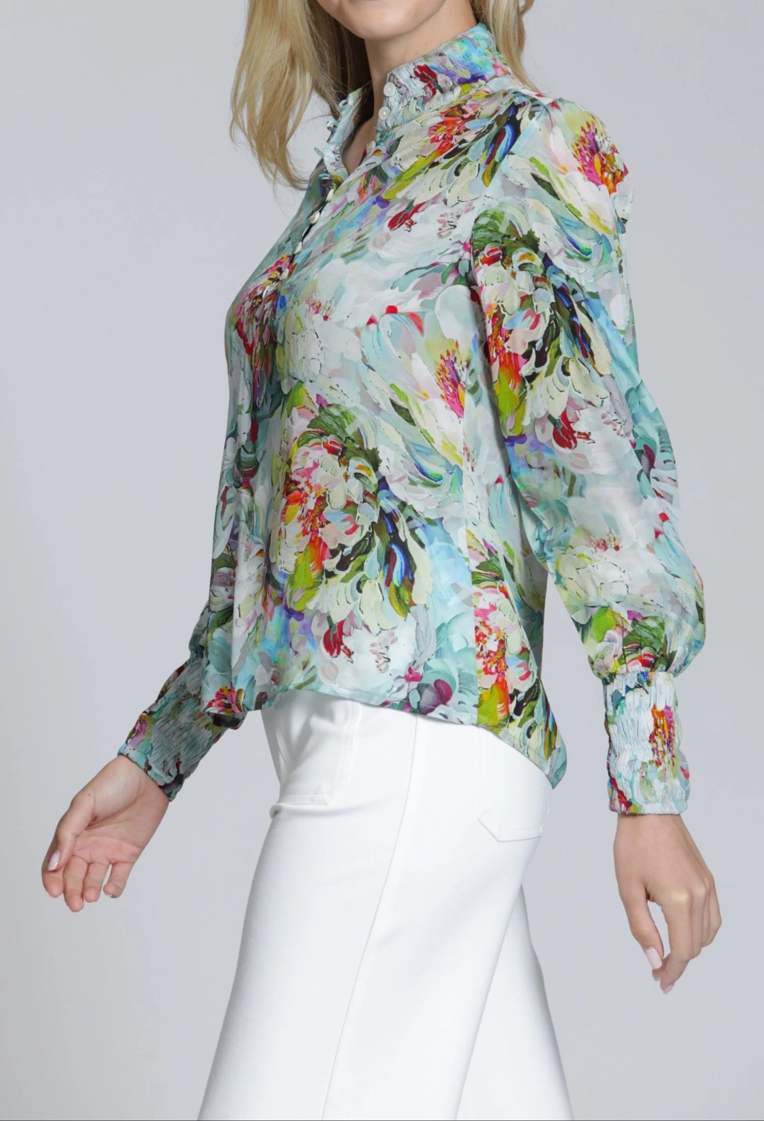 AQUA MULTI BRUSHSTROKE GARDEN PRINT LONG PUFF SLEEVE TOP