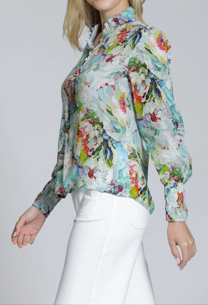 AQUA MULTI BRUSHSTROKE GARDEN PRINT LONG PUFF SLEEVE TOP