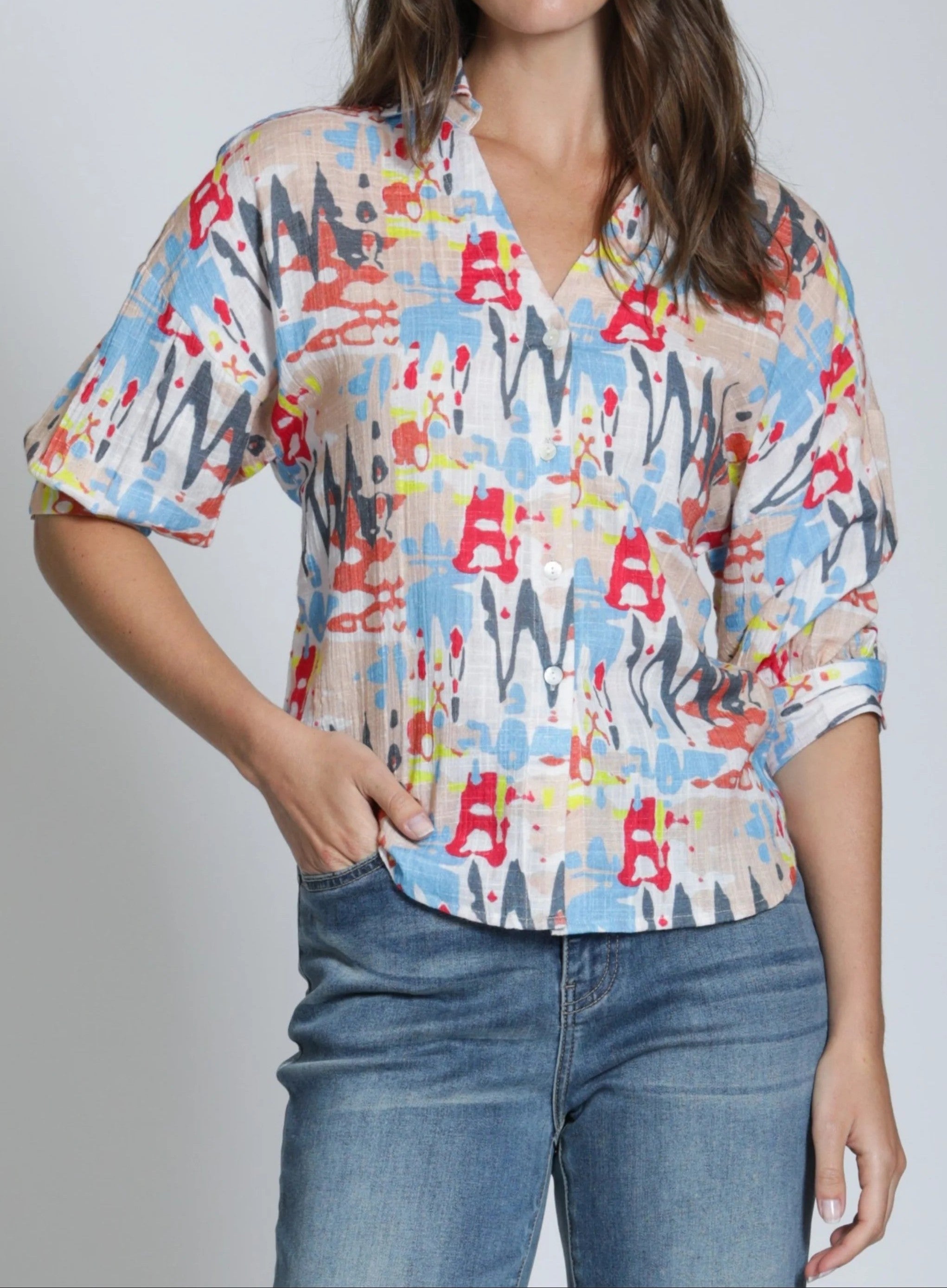 BLUE MULTI ABSTRACT PRINT BLOUSON SLEEVE BUTTON UP TOP